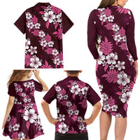 Hawaiian Hibiscus Tribal Floral Pink Family Matching Long Sleeve Bodycon Dress and Hawaiian Shirt Polynesian Tapa Pattern LT01 - Polynesian Pride