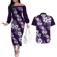 Hawaiian Hibiscus Tribal Floral Purple Couples Matching Off The Shoulder Long Sleeve Dress and Hawaiian Shirt Polynesian Tapa Pattern LT01 Purple - Polynesian Pride