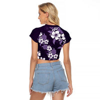 Hawaiian Hibiscus Tribal Floral Purple Raglan Cropped T Shirt Polynesian Tapa Pattern - Polynesian Pride