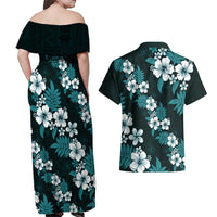 Hawaiian Hibiscus Tribal Floral Teal Couples Matching Off Shoulder Maxi Dress and Hawaiian Shirt Polynesian Tapa Pattern LT01 - Polynesian Pride