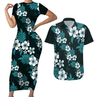 Hawaiian Hibiscus Tribal Floral Teal Couples Matching Short Sleeve Bodycon Dress and Hawaiian Shirt Polynesian Tapa Pattern LT01 Teal - Polynesian Pride
