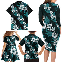 Hawaiian Hibiscus Tribal Floral Teal Family Matching Long Sleeve Bodycon Dress and Hawaiian Shirt Polynesian Tapa Pattern LT01 - Polynesian Pride