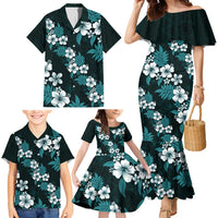 Hawaiian Hibiscus Tribal Floral Teal Family Matching Mermaid Dress and Hawaiian Shirt Polynesian Tapa Pattern LT01 - Polynesian Pride