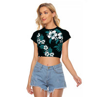Hawaiian Hibiscus Tribal Floral Teal Raglan Cropped T Shirt Polynesian Tapa Pattern - Polynesian Pride