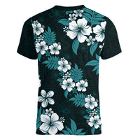 Hawaiian Hibiscus Tribal Floral Teal Women V-Neck T-Shirt Polynesian Tapa Pattern - Polynesian Pride