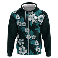 Hawaiian Hibiscus Tribal Floral Teal Zip Hoodie Polynesian Tapa Pattern LT01 Zip Hoodie Teal - Polynesian Pride
