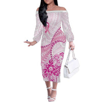 Personalised New Zealand Pink Fern Breast Cancer Family Matching Off The Shoulder Long Sleeve Dress and Hawaiian Shirt Polynesian Pattern LT01 Mom's Dress Pink - Polynesian Pride