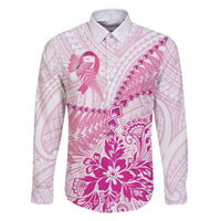 Personalised New Zealand Pink Fern Breast Cancer Family Matching Off Shoulder Short Dress and Hawaiian Shirt Polynesian Pattern LT01 Dad's Shirt - Long Sleeve Pink - Polynesian Pride