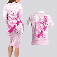 Personalised Aotearoa Breast Cancer Couples Matching Long Sleeve Bodycon Dress and Hawaiian Shirt New Zealand Maori Pattern LT01 - Polynesian Pride