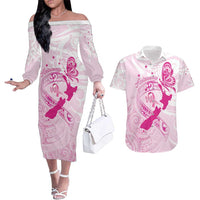 Personalised Aotearoa Breast Cancer Couples Matching Off The Shoulder Long Sleeve Dress and Hawaiian Shirt New Zealand Maori Pattern LT01 Pink - Polynesian Pride