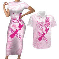 Personalised Aotearoa Breast Cancer Couples Matching Short Sleeve Bodycon Dress and Hawaiian Shirt New Zealand Maori Pattern LT01 Pink - Polynesian Pride