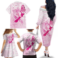 Personalised Aotearoa Breast Cancer Family Matching Off The Shoulder Long Sleeve Dress and Hawaiian Shirt New Zealand Maori Pattern LT01 - Polynesian Pride