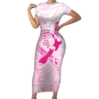 Personalised Aotearoa Breast Cancer Family Matching Short Sleeve Bodycon Dress and Hawaiian Shirt New Zealand Maori Pattern LT01 Mom's Dress Pink - Polynesian Pride