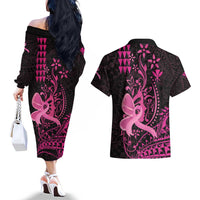 Hawaii Breast Cancer Couples Matching Off The Shoulder Long Sleeve Dress and Hawaiian Shirt Girl Floral Kakau Pattern LT01 - Polynesian Pride