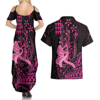Hawaii Breast Cancer Couples Matching Summer Maxi Dress and Hawaiian Shirt Girl Floral Kakau Pattern