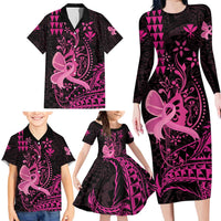 Hawaii Breast Cancer Family Matching Long Sleeve Bodycon Dress and Hawaiian Shirt Girl Floral Kakau Pattern LT01 - Polynesian Pride