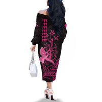 Hawaii Breast Cancer Family Matching Off The Shoulder Long Sleeve Dress and Hawaiian Shirt Girl Floral Kakau Pattern LT01 - Polynesian Pride