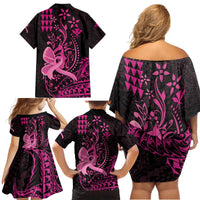 Hawaii Breast Cancer Family Matching Off Shoulder Short Dress and Hawaiian Shirt Girl Floral Kakau Pattern LT01 - Polynesian Pride