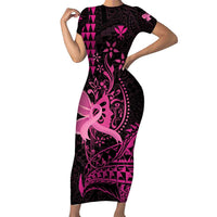 Hawaii Breast Cancer Family Matching Short Sleeve Bodycon Dress and Hawaiian Shirt Girl Floral Kakau Pattern LT01 Mom's Dress Pink - Polynesian Pride