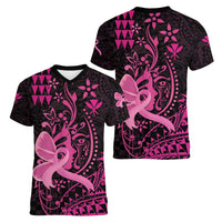 Hawaii Breast Cancer Women V-Neck T-Shirt Girl Floral Kakau Pattern