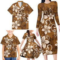 Plumeria Floral Tapa Pattern Vintage Gold Family Matching Long Sleeve Bodycon Dress and Hawaiian Shirt LT01 - Polynesian Pride