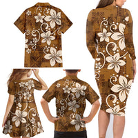 Plumeria Floral Tapa Pattern Vintage Gold Family Matching Long Sleeve Bodycon Dress and Hawaiian Shirt LT01 - Polynesian Pride
