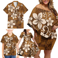Plumeria Floral Tapa Pattern Vintage Gold Family Matching Off Shoulder Short Dress and Hawaiian Shirt LT01 - Polynesian Pride