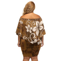 Plumeria Floral Tapa Pattern Vintage Gold Family Matching Off Shoulder Short Dress and Hawaiian Shirt LT01 - Polynesian Pride