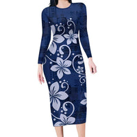 Plumeria Floral Tapa Pattern Navy Blue Family Matching Long Sleeve Bodycon Dress and Hawaiian Shirt LT01 Mom's Dress Blue - Polynesian Pride