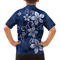 Plumeria Floral Tapa Pattern Navy Blue Family Matching Off The Shoulder Long Sleeve Dress and Hawaiian Shirt LT01 - Polynesian Pride