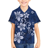 Plumeria Floral Tapa Pattern Navy Blue Family Matching Off The Shoulder Long Sleeve Dress and Hawaiian Shirt LT01 Son's Shirt Blue - Polynesian Pride
