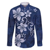 Plumeria Floral Tapa Pattern Navy Blue Family Matching Off Shoulder Short Dress and Hawaiian Shirt