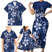 Plumeria Floral Tapa Pattern Navy Blue Family Matching Short Sleeve Bodycon Dress and Hawaiian Shirt LT01 - Polynesian Pride