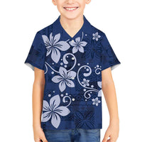 Plumeria Floral Tapa Pattern Navy Blue Family Matching Short Sleeve Bodycon Dress and Hawaiian Shirt LT01 Son's Shirt Blue - Polynesian Pride