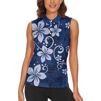 Plumeria Floral Tapa Pattern Navy Blue Women Sleeveless Polo Shirt