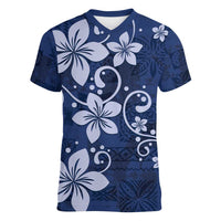 Plumeria Floral Tapa Pattern Navy Blue Women V-Neck T-Shirt