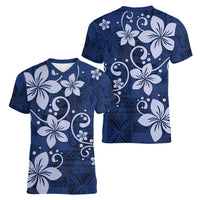 Plumeria Floral Tapa Pattern Navy Blue Women V-Neck T-Shirt