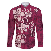 Plumeria Floral Tapa Pattern Ruby Pink Family Matching Off Shoulder Maxi Dress and Hawaiian Shirt