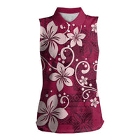 Plumeria Floral Tapa Pattern Ruby Pink Women Sleeveless Polo Shirt