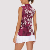 Plumeria Floral Tapa Pattern Ruby Pink Women Sleeveless Polo Shirt