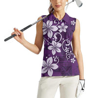 Plumeria Floral Tapa Pattern Amethyst Purple Women Sleeveless Polo Shirt