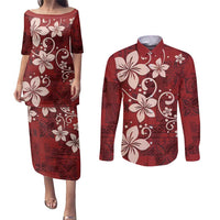 Plumeria Floral Tapa Pattern Oxblood Red Couples Matching Puletasi and Long Sleeve Button Shirt