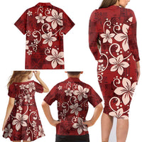 Plumeria Floral Tapa Pattern Oxblood Red Family Matching Long Sleeve Bodycon Dress and Hawaiian Shirt LT01 - Polynesian Pride