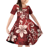 Plumeria Floral Tapa Pattern Oxblood Red Family Matching Off Shoulder Short Dress and Hawaiian Shirt LT01 Daughter's Dress Red - Polynesian Pride