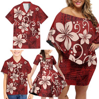 Plumeria Floral Tapa Pattern Oxblood Red Family Matching Off Shoulder Short Dress and Hawaiian Shirt LT01 - Polynesian Pride