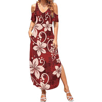 Plumeria Floral Tapa Pattern Oxblood Red Family Matching Summer Maxi Dress and Hawaiian Shirt LT01 Mom's Dress Red - Polynesian Pride