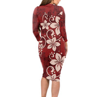 Plumeria Floral Tapa Pattern Oxblood Red Long Sleeve Bodycon Dress LT01 - Polynesian Pride