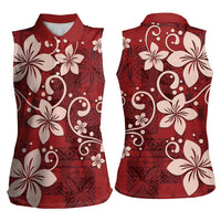 Plumeria Floral Tapa Pattern Oxblood Red Women Sleeveless Polo Shirt