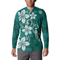 Plumeria Floral Tapa Pattern Crystal Teal Button Sweatshirt