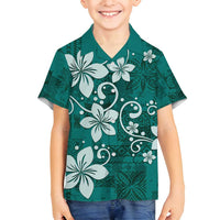 Plumeria Floral Tapa Pattern Crystal Teal Family Matching Long Sleeve Bodycon Dress and Hawaiian Shirt LT01 Son's Shirt Teal - Polynesian Pride